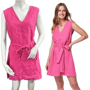 Faherty “Mary” Pink V-Neck 100% Linen Belted Mini Dress Size Small